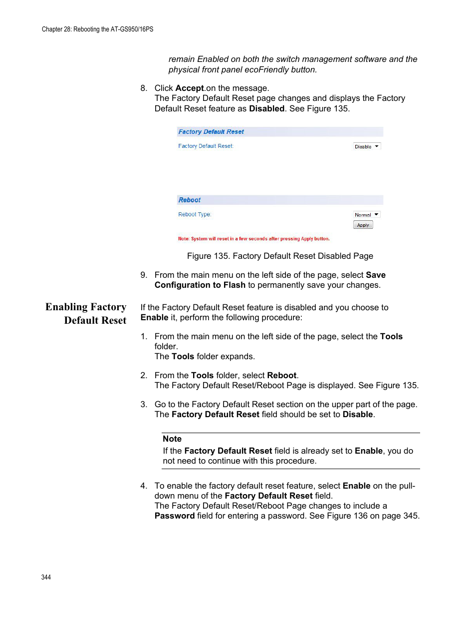 Enabling factory default reset | Allied Telesis AT-GS950/16PS User Manual | Page 344 / 386