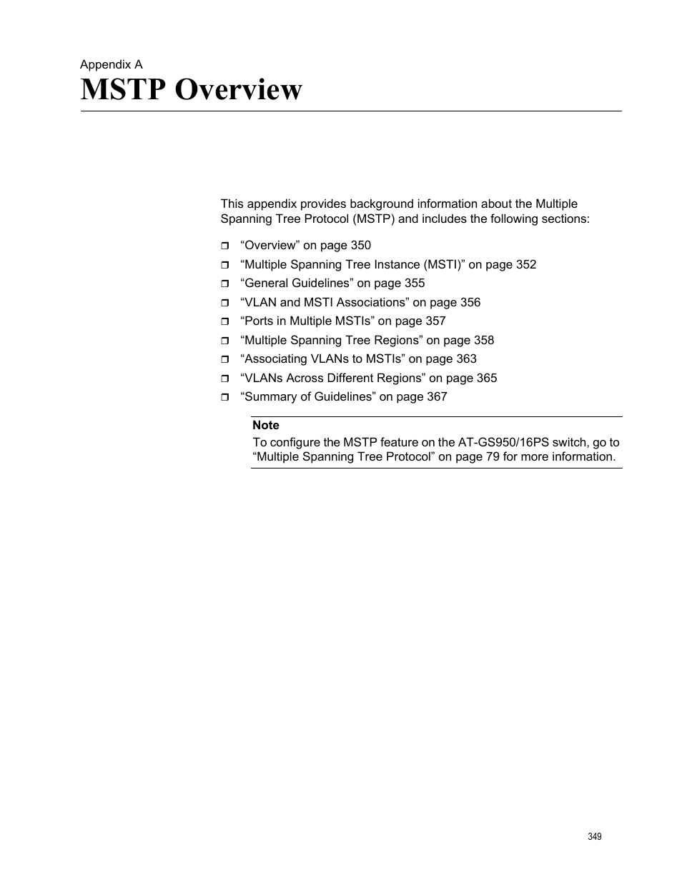 Appendix a, Mstp overview, Appendix a: mstp overview | Allied Telesis AT-GS950/16PS User Manual | Page 349 / 386