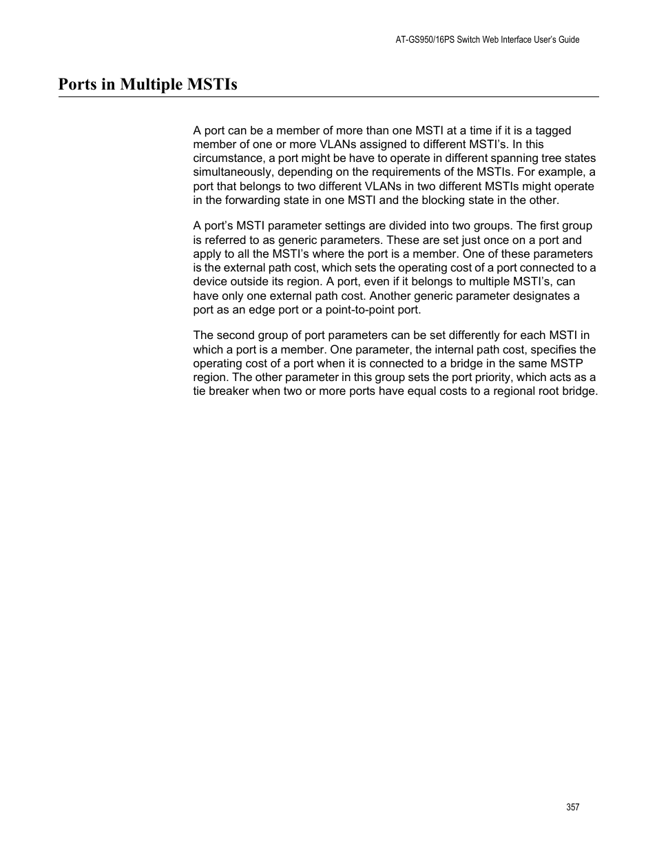 Ports in multiple mstis | Allied Telesis AT-GS950/16PS User Manual | Page 357 / 386