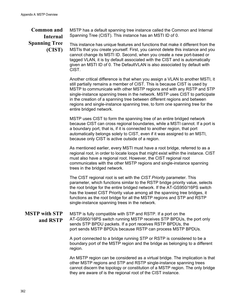 Common and internal spanning tree (cist), Mstp with stp and rstp | Allied Telesis AT-GS950/16PS User Manual | Page 362 / 386