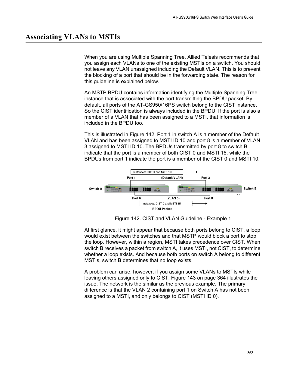 Associating vlans to mstis, Figure 142. cist and vlan guideline - example 1 | Allied Telesis AT-GS950/16PS User Manual | Page 363 / 386