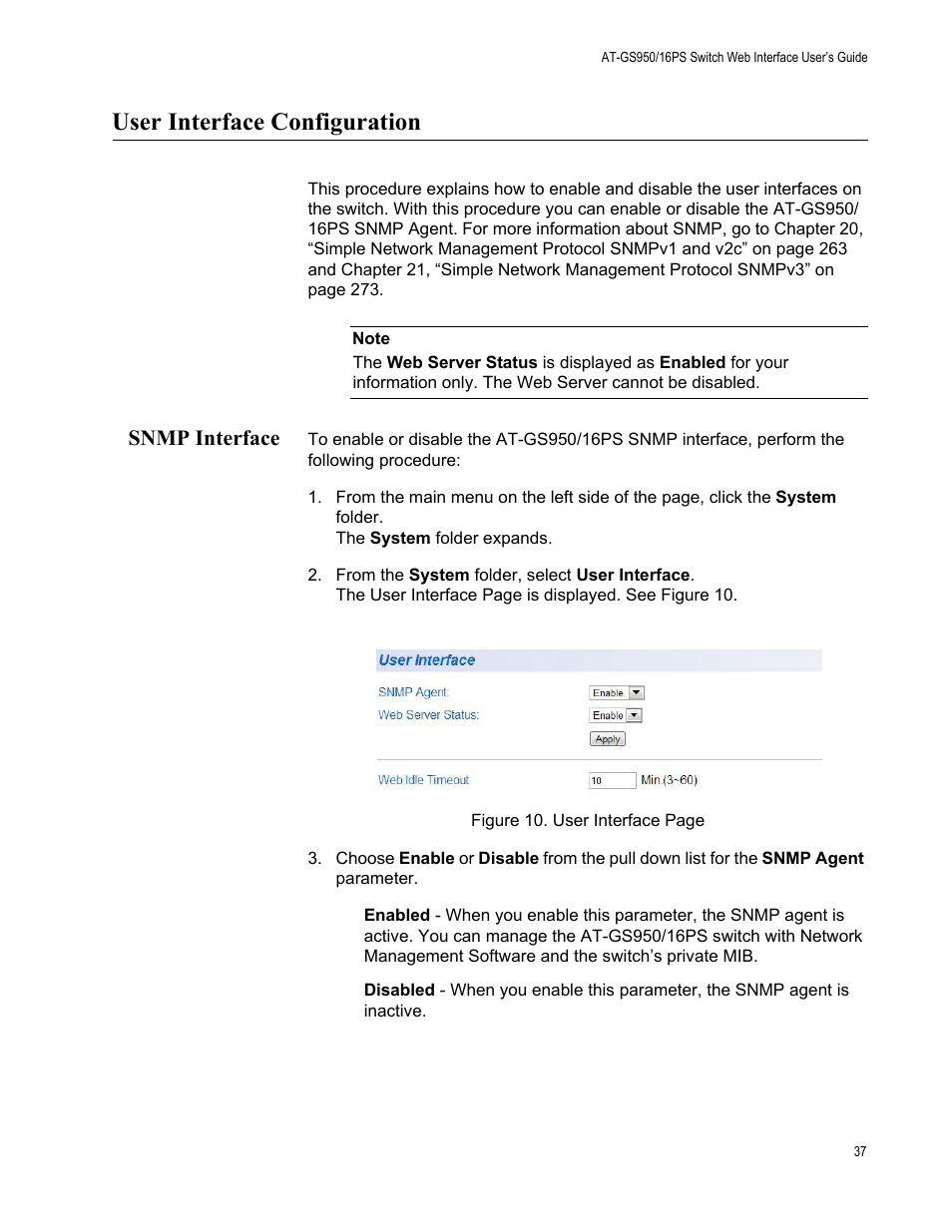 User interface configuration, Snmp interface | Allied Telesis AT-GS950/16PS User Manual | Page 37 / 386