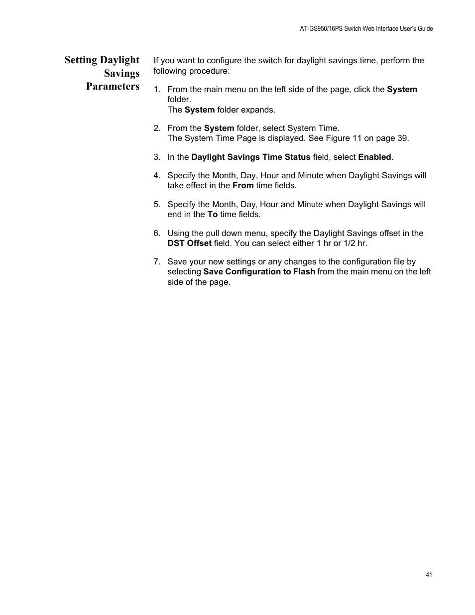 Setting daylight savings parameters | Allied Telesis AT-GS950/16PS User Manual | Page 41 / 386