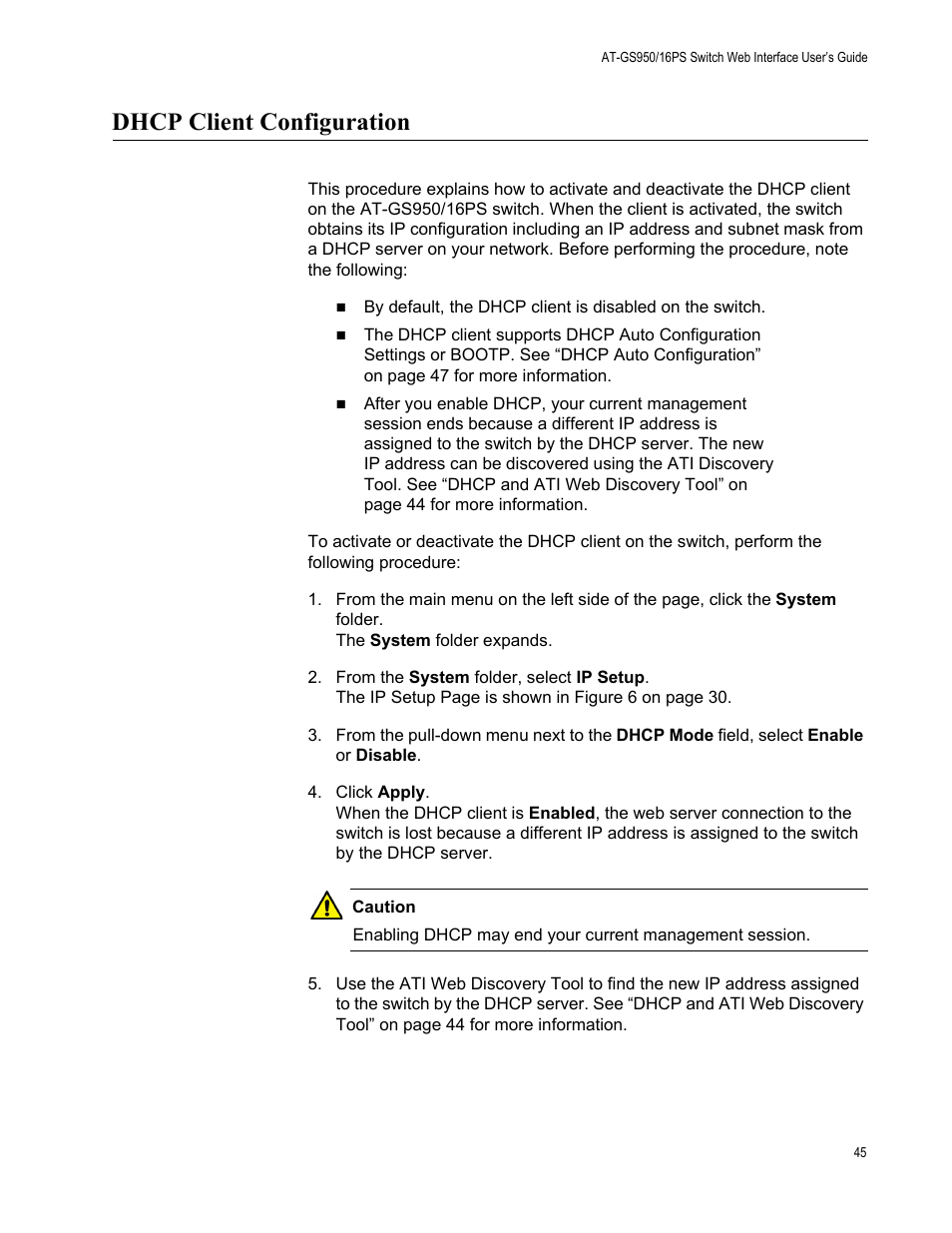 Dhcp client configuration | Allied Telesis AT-GS950/16PS User Manual | Page 45 / 386