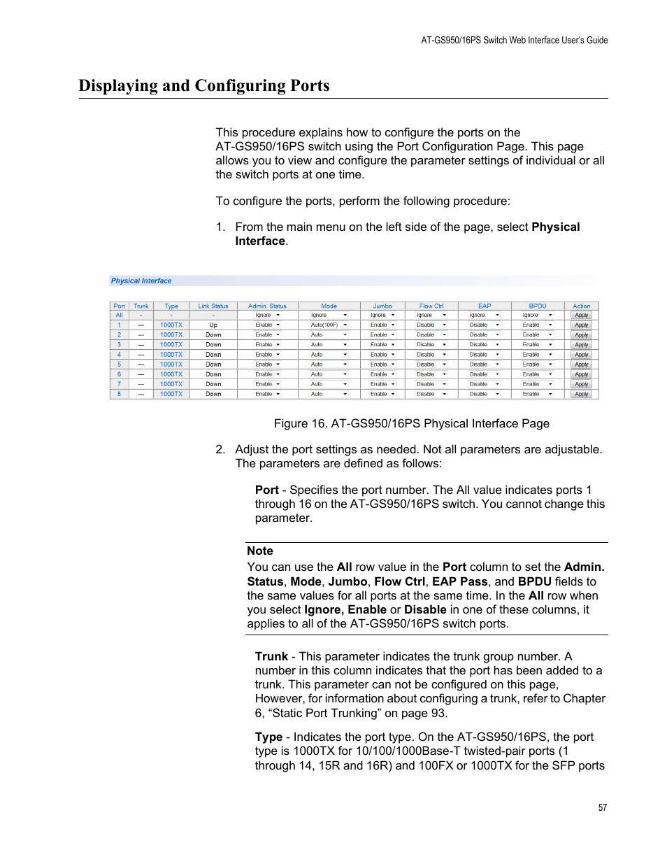 Displaying and configuring ports | Allied Telesis AT-GS950/16PS User Manual | Page 57 / 386