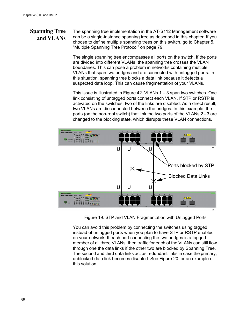 Spanning tree and vlans | Allied Telesis AT-GS950/16PS User Manual | Page 68 / 386