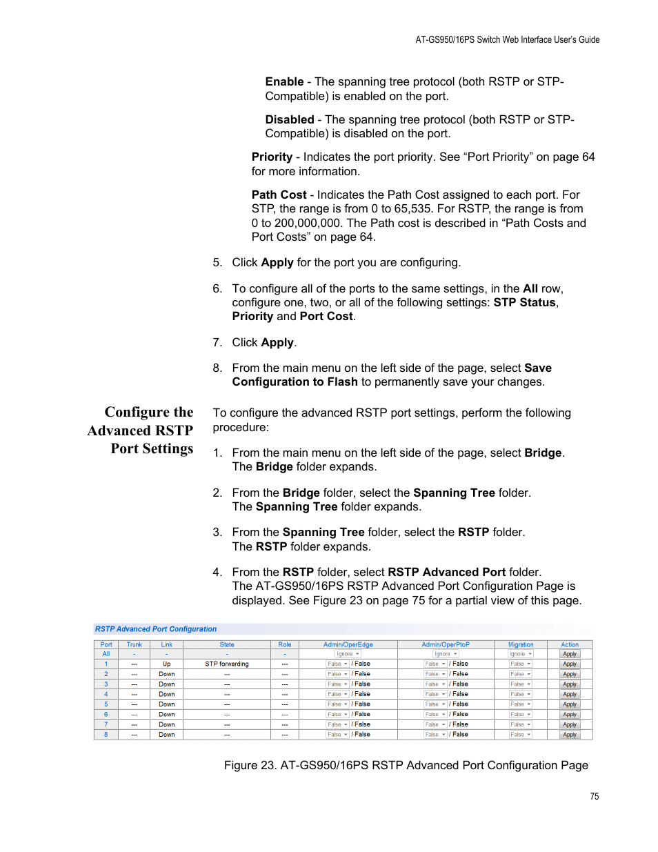 Configure the advanced rstp port settings | Allied Telesis AT-GS950/16PS User Manual | Page 75 / 386