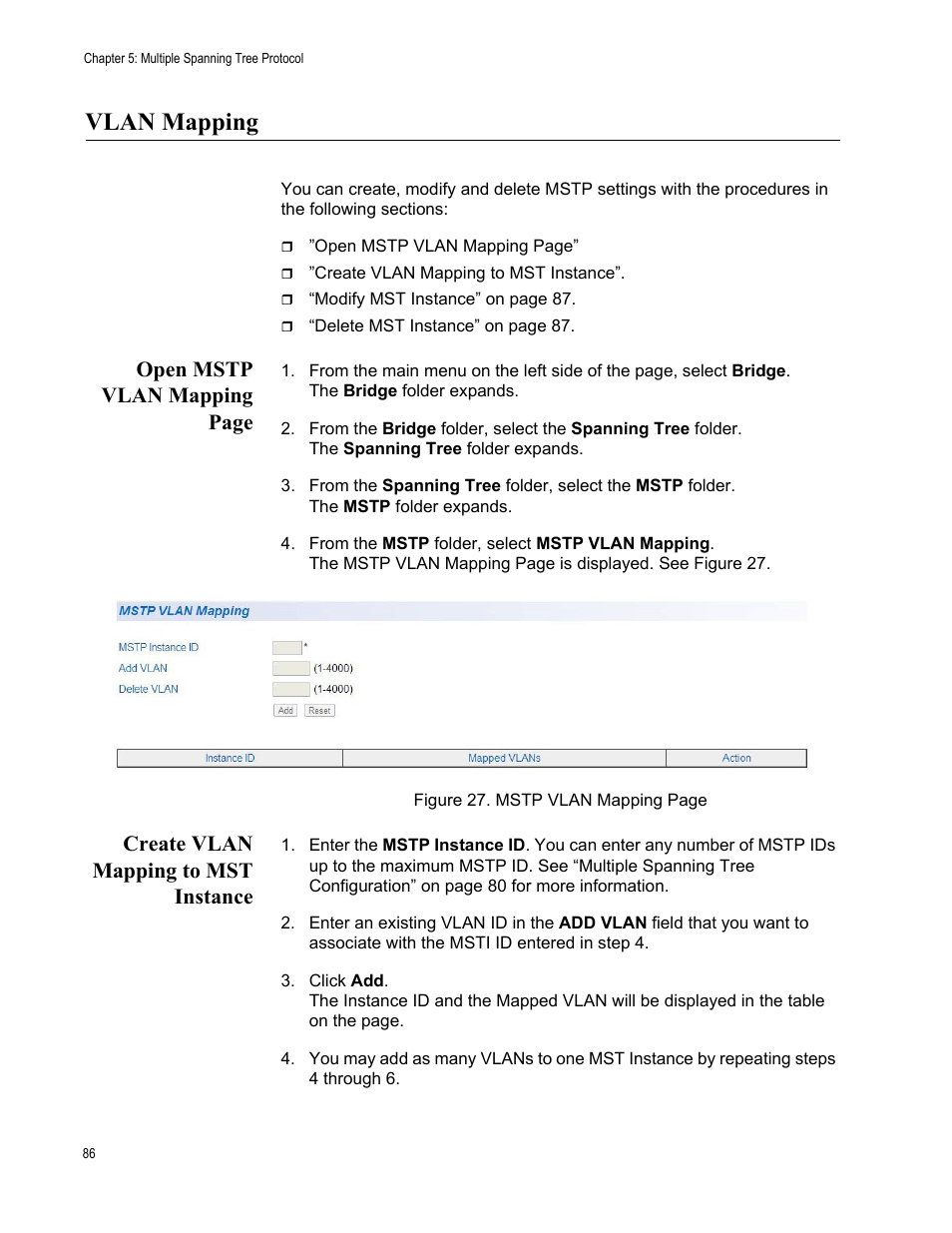 Vlan mapping, Create vlan mapping to mst instance, Open mstp vlan mapping page | Allied Telesis AT-GS950/16PS User Manual | Page 86 / 386