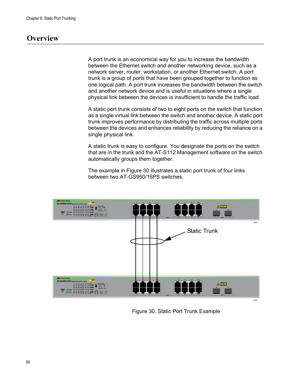 Overview, Figure 30. static port trunk example | Allied Telesis AT-GS950/16PS User Manual | Page 94 / 386