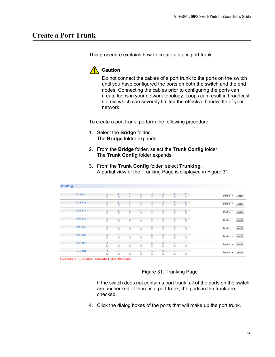 Create a port trunk | Allied Telesis AT-GS950/16PS User Manual | Page 97 / 386