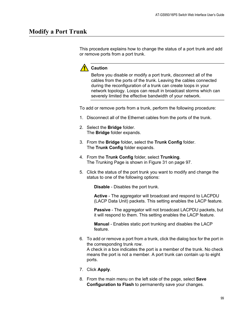 Modify a port trunk | Allied Telesis AT-GS950/16PS User Manual | Page 99 / 386