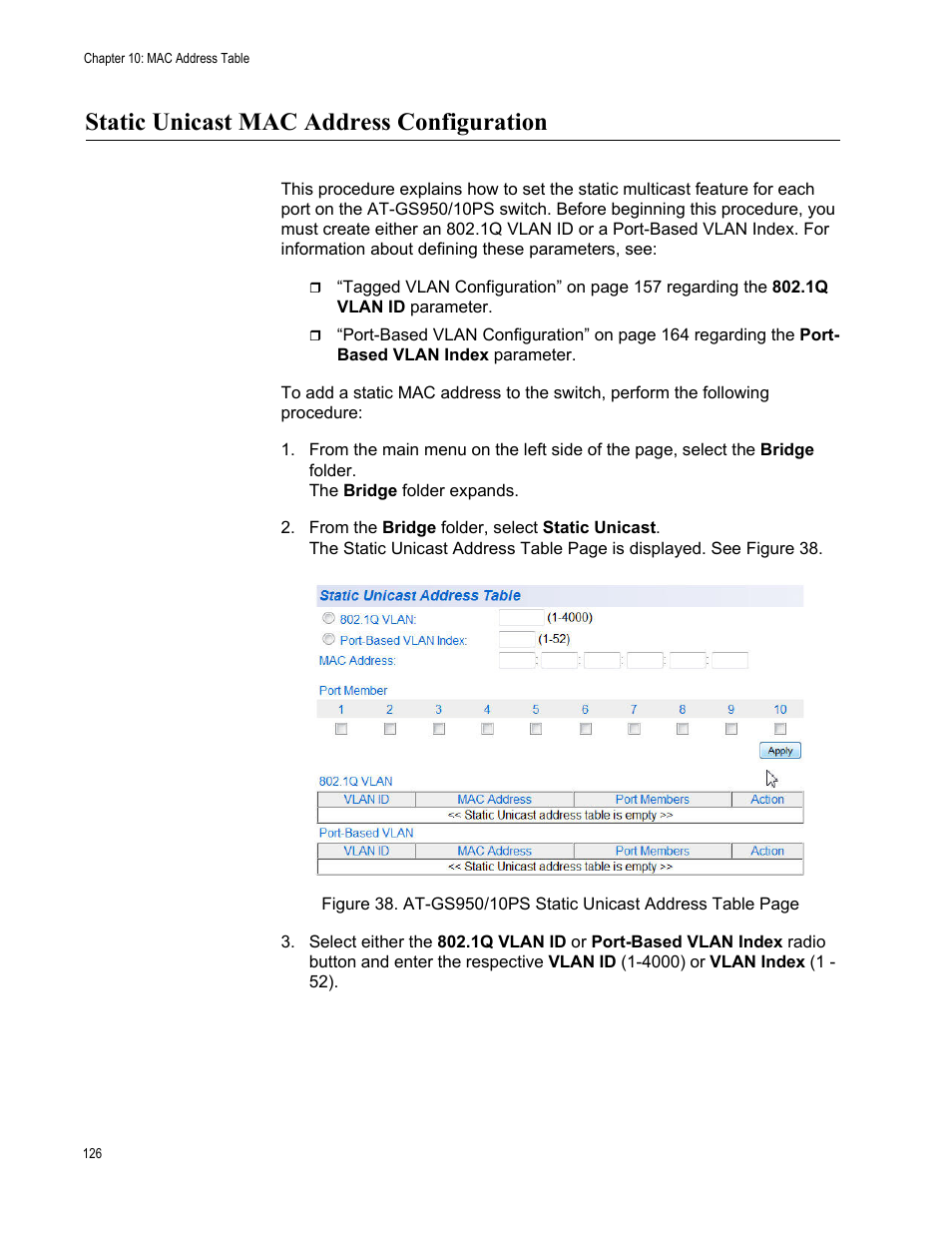 Static unicast mac address configuration | Allied Telesis AT-GS950/10PS User Manual | Page 126 / 386