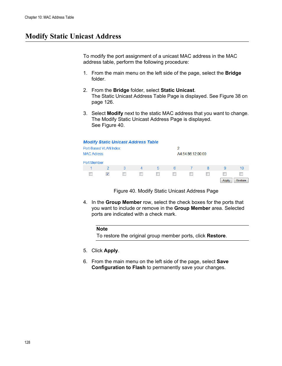 Modify static unicast address | Allied Telesis AT-GS950/10PS User Manual | Page 128 / 386