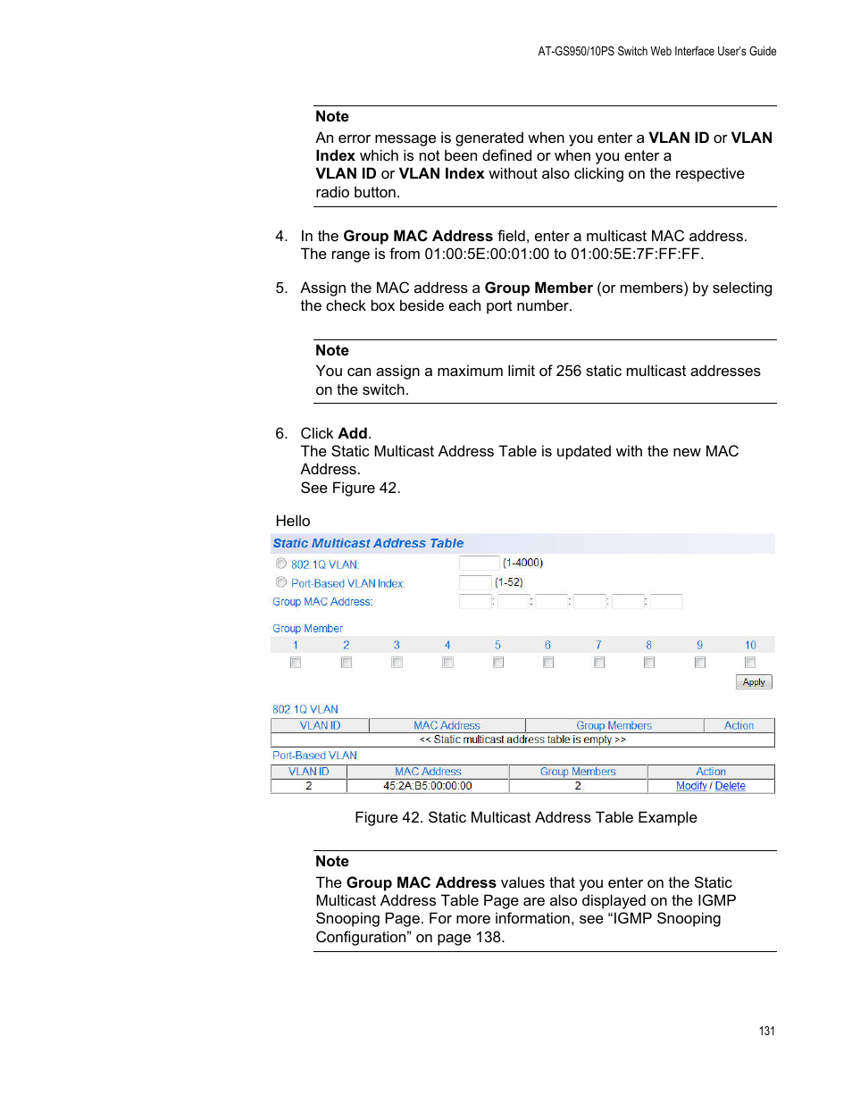 Figure 42. static multicast address table example | Allied Telesis AT-GS950/10PS User Manual | Page 131 / 386