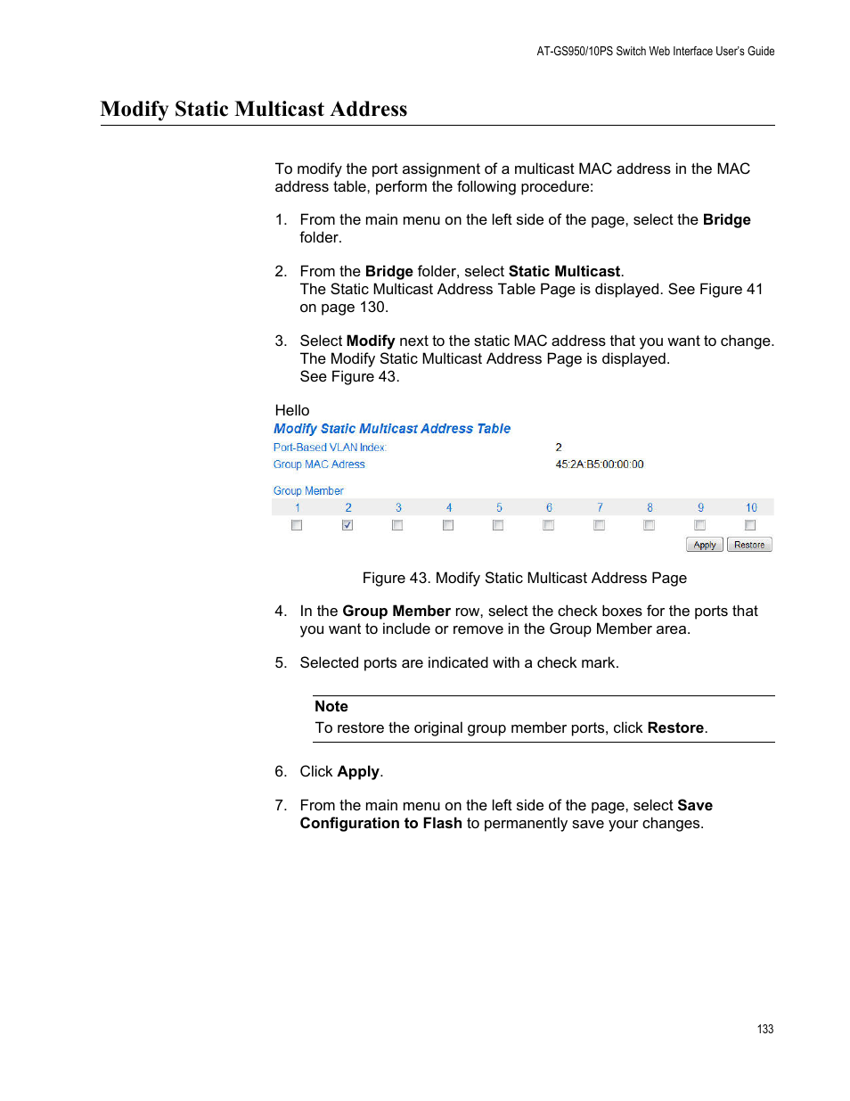 Modify static multicast address | Allied Telesis AT-GS950/10PS User Manual | Page 133 / 386