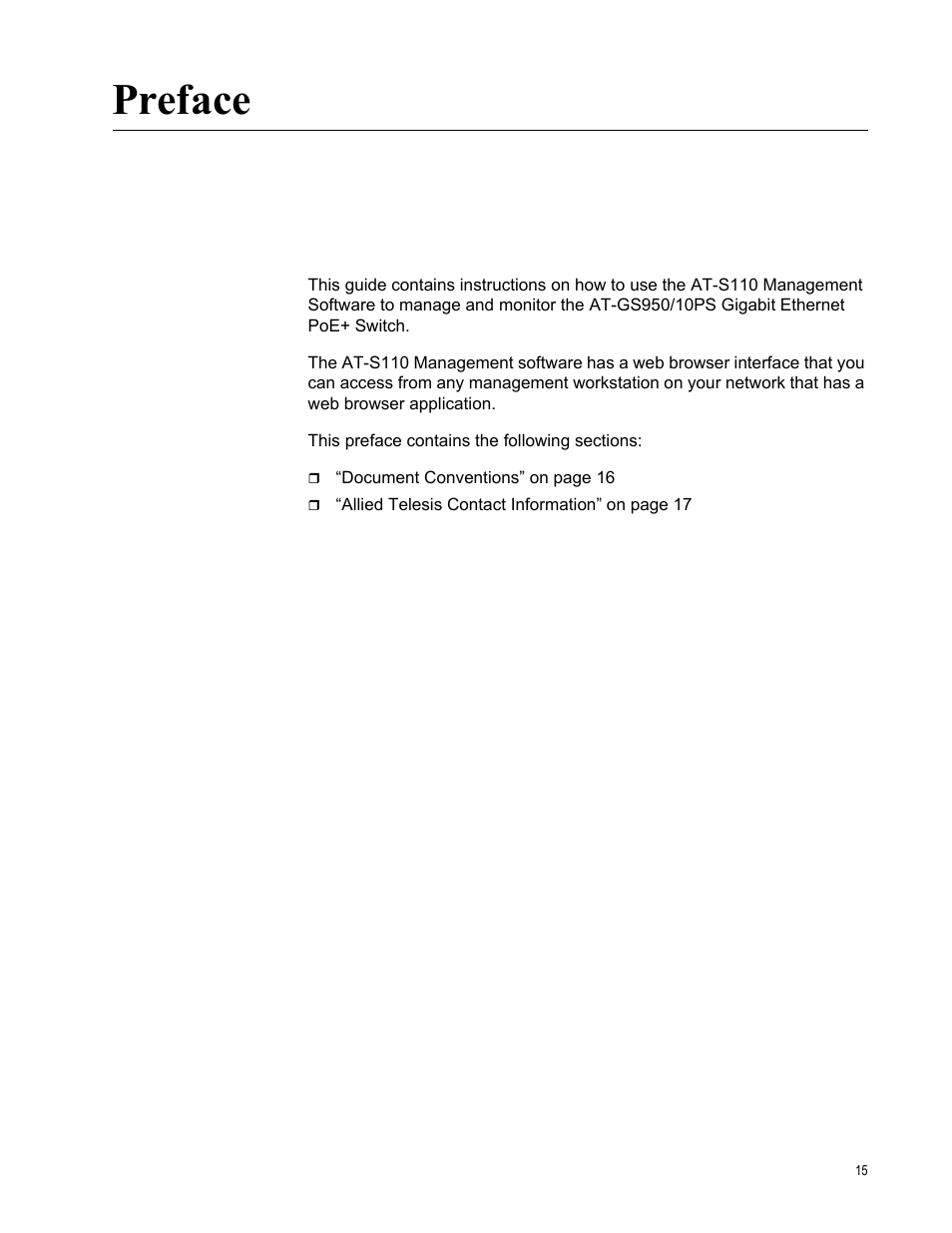 Preface | Allied Telesis AT-GS950/10PS User Manual | Page 15 / 386
