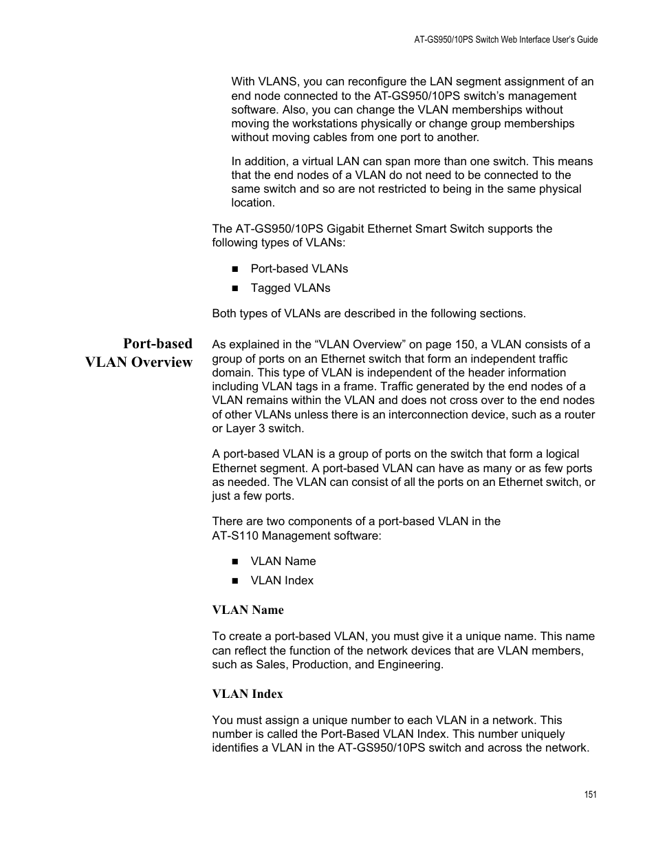 Port-based vlan overview | Allied Telesis AT-GS950/10PS User Manual | Page 151 / 386