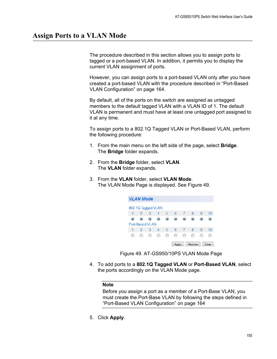 Assign ports to a vlan mode | Allied Telesis AT-GS950/10PS User Manual | Page 155 / 386