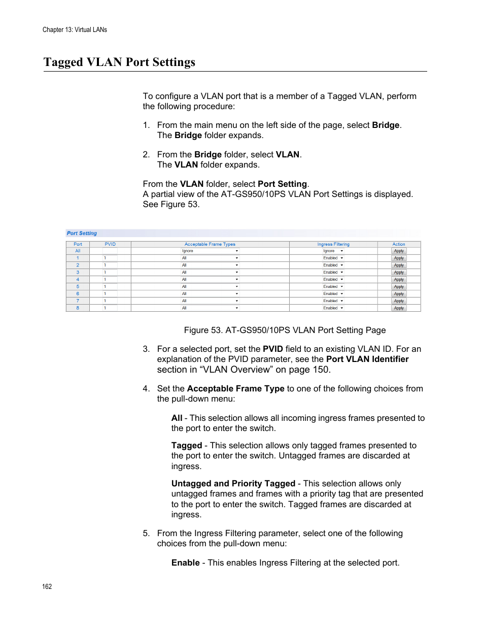 Tagged vlan port settings | Allied Telesis AT-GS950/10PS User Manual | Page 162 / 386