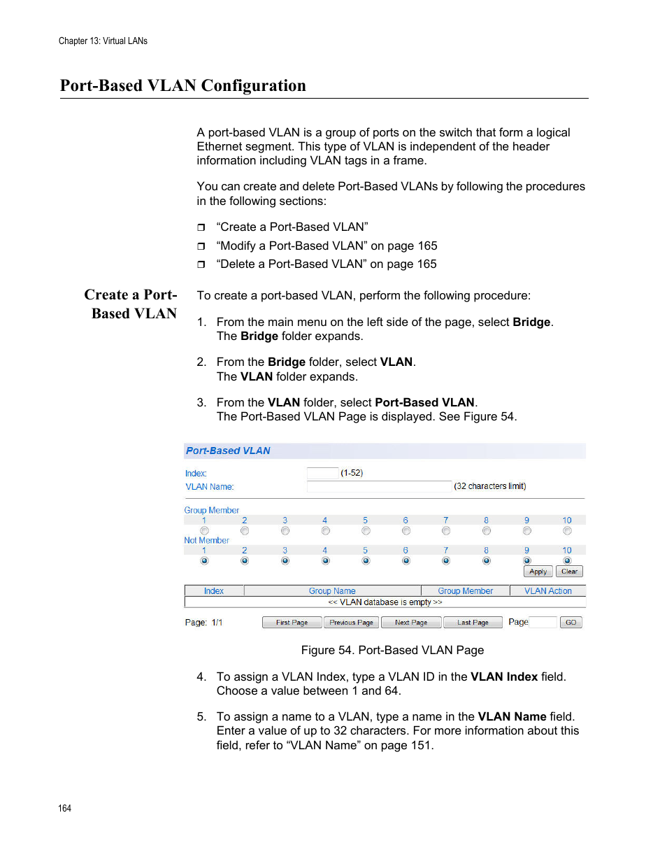 Port-based vlan configuration, Create a port- based vlan, Create a port-based vlan | Allied Telesis AT-GS950/10PS User Manual | Page 164 / 386