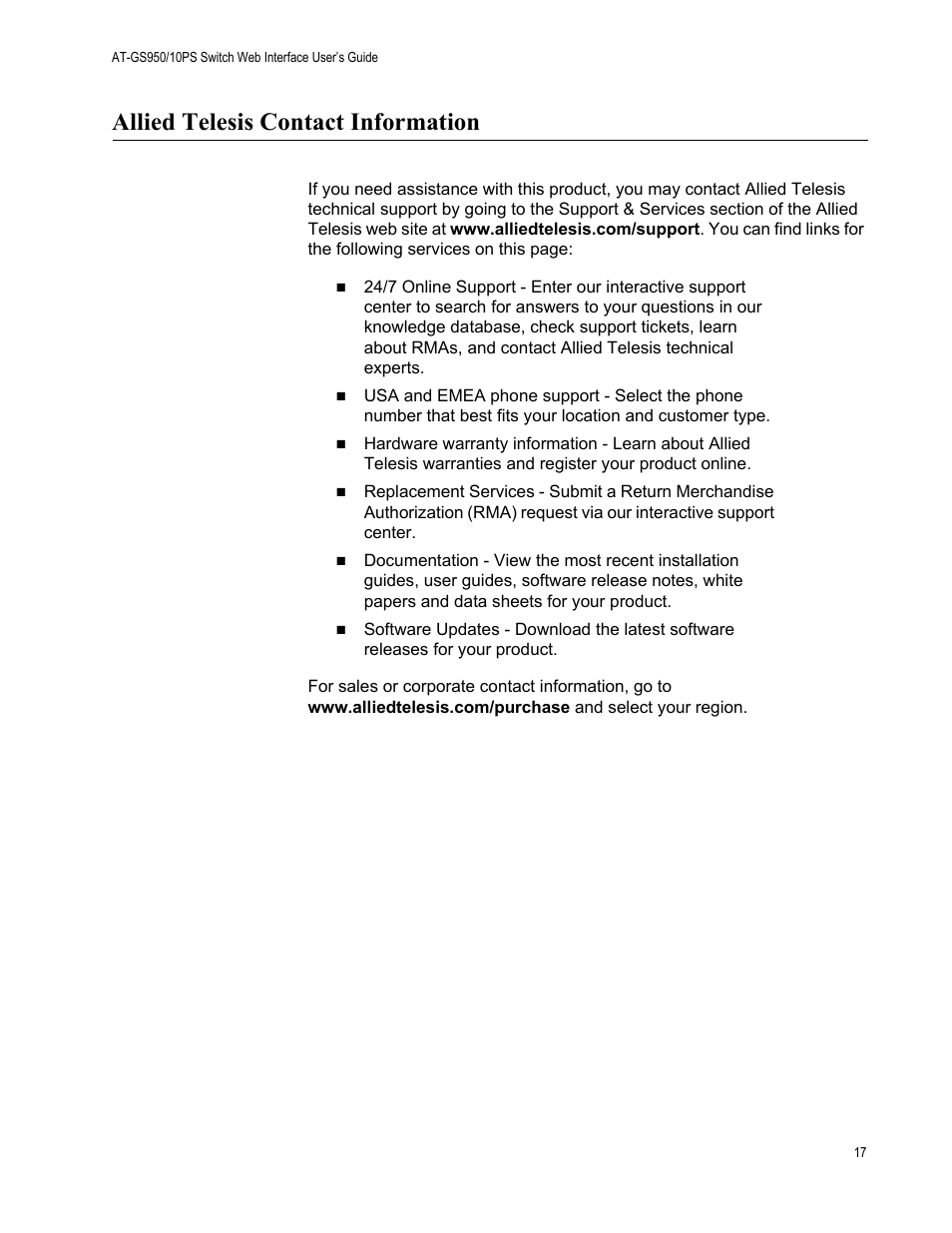 Allied telesis contact information | Allied Telesis AT-GS950/10PS User Manual | Page 17 / 386