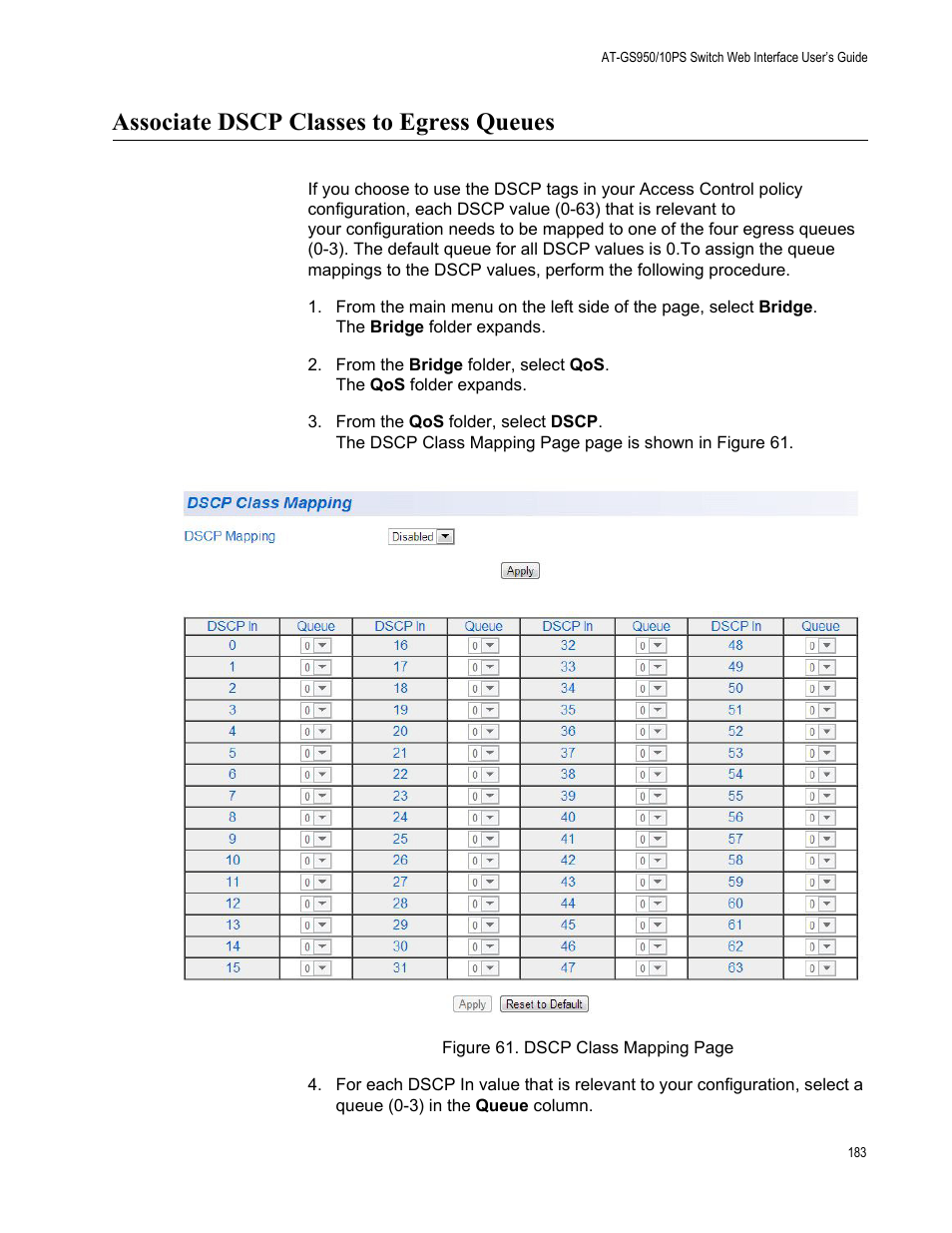 Associate dscp classes to egress queues | Allied Telesis AT-GS950/10PS User Manual | Page 183 / 386