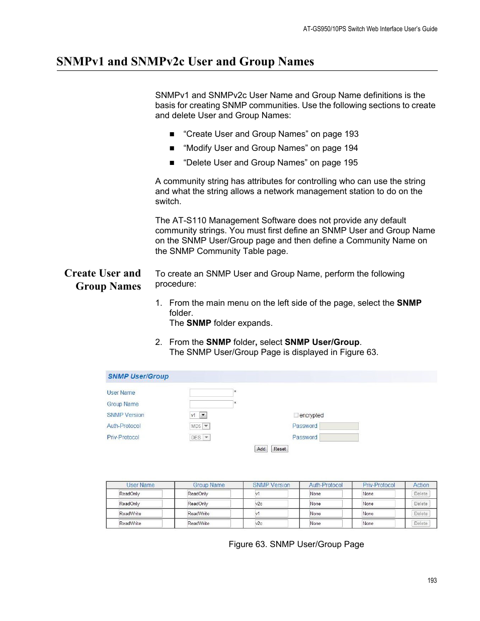 Snmpv1 and snmpv2c user and group names, Create user and group names | Allied Telesis AT-GS950/10PS User Manual | Page 193 / 386