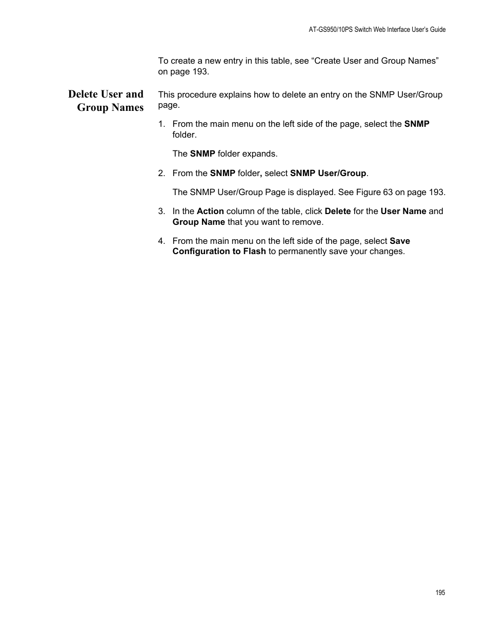 Delete user and group names | Allied Telesis AT-GS950/10PS User Manual | Page 195 / 386