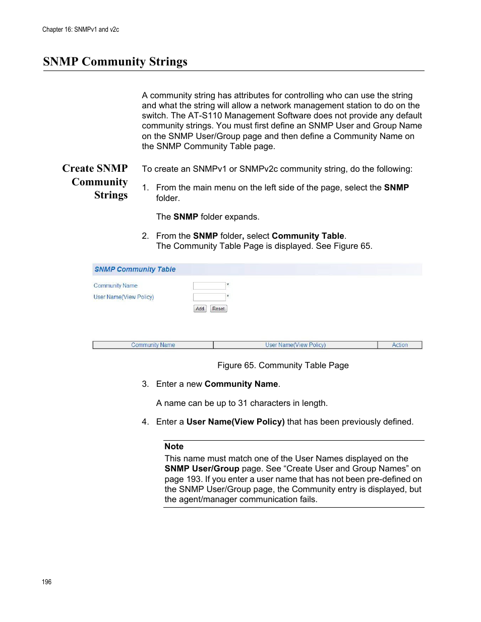 Snmp community strings, Create snmp community strings | Allied Telesis AT-GS950/10PS User Manual | Page 196 / 386