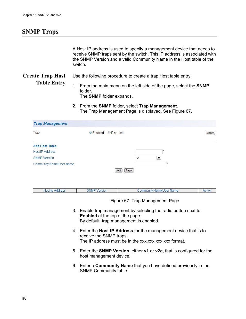 Snmp traps, Create trap host table entry | Allied Telesis AT-GS950/10PS User Manual | Page 198 / 386