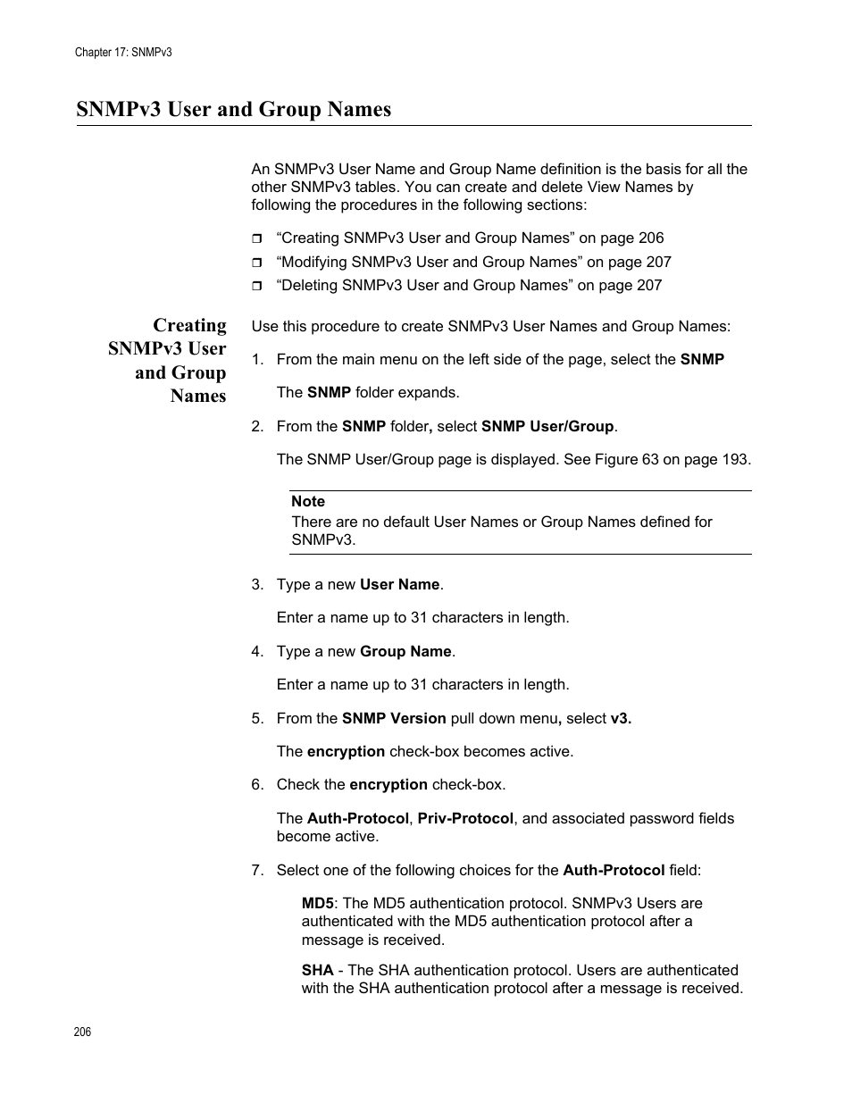 Snmpv3 user and group names, Creating snmpv3 user and group names | Allied Telesis AT-GS950/10PS User Manual | Page 206 / 386