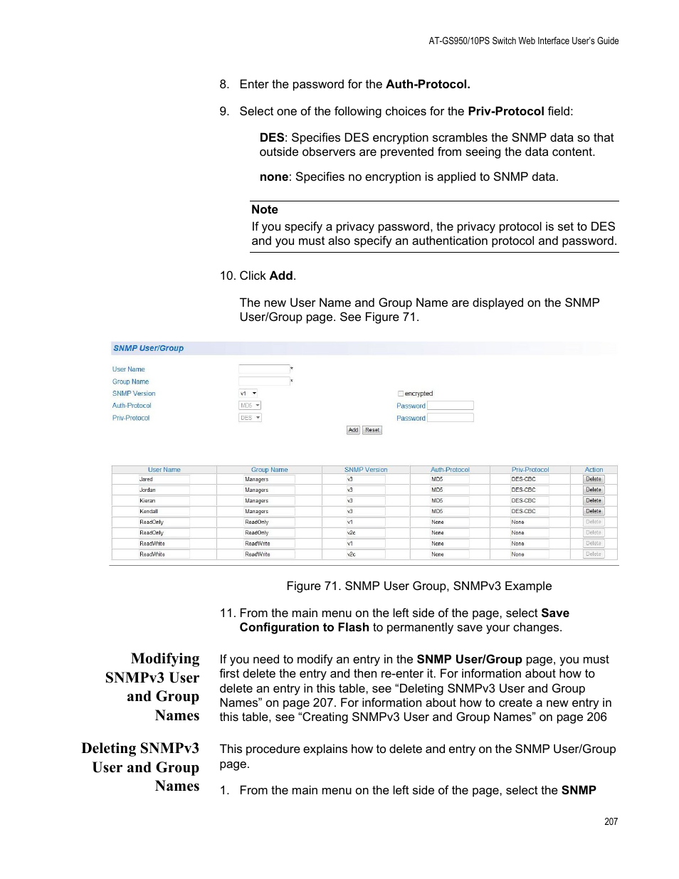 Modifying snmpv3 user and group names, Deleting snmpv3 user and group names, Figure 71. snmp user group, snmpv3 example | Allied Telesis AT-GS950/10PS User Manual | Page 207 / 386
