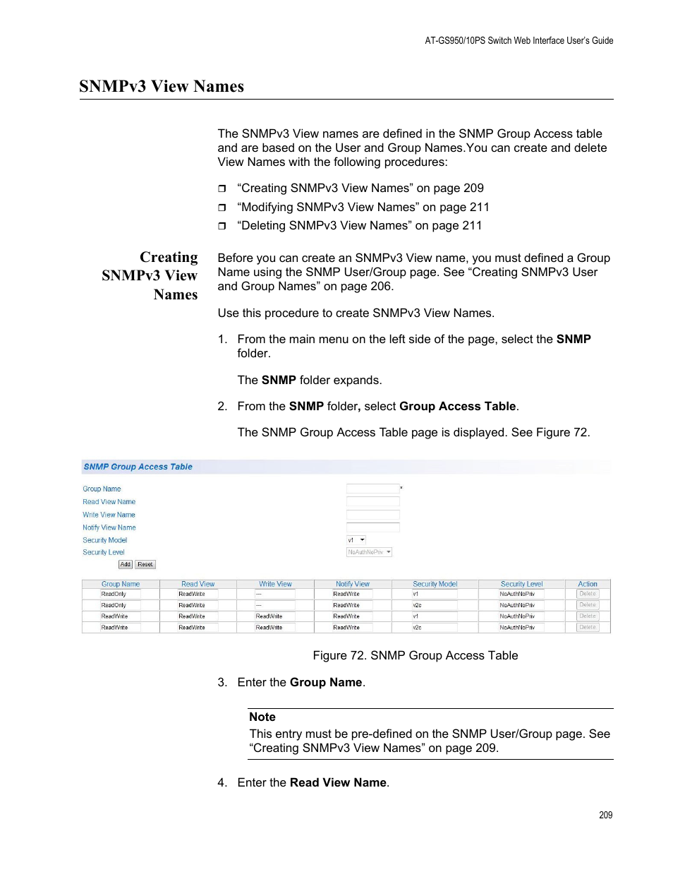 Snmpv3 view names, Creating snmpv3 view names, Figure 72. snmp group access table | Allied Telesis AT-GS950/10PS User Manual | Page 209 / 386