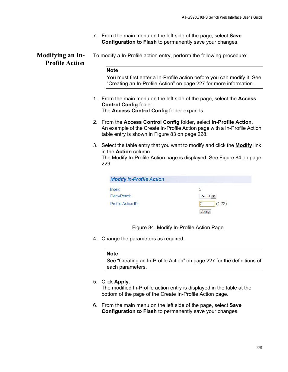 Modifying an in- profile action, Modifying an in-profile action | Allied Telesis AT-GS950/10PS User Manual | Page 229 / 386