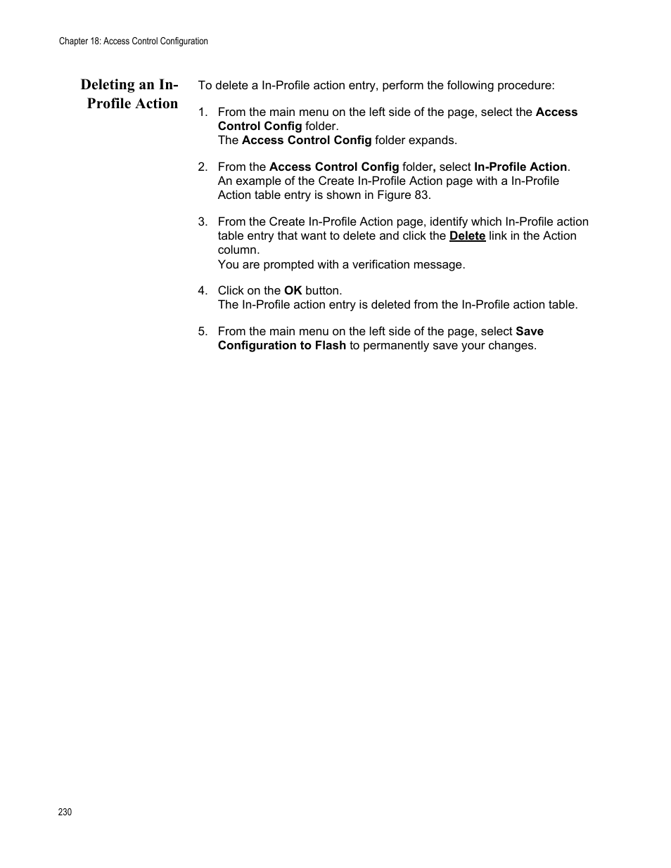 Deleting an in- profile action, Deleting an in-profile action | Allied Telesis AT-GS950/10PS User Manual | Page 230 / 386