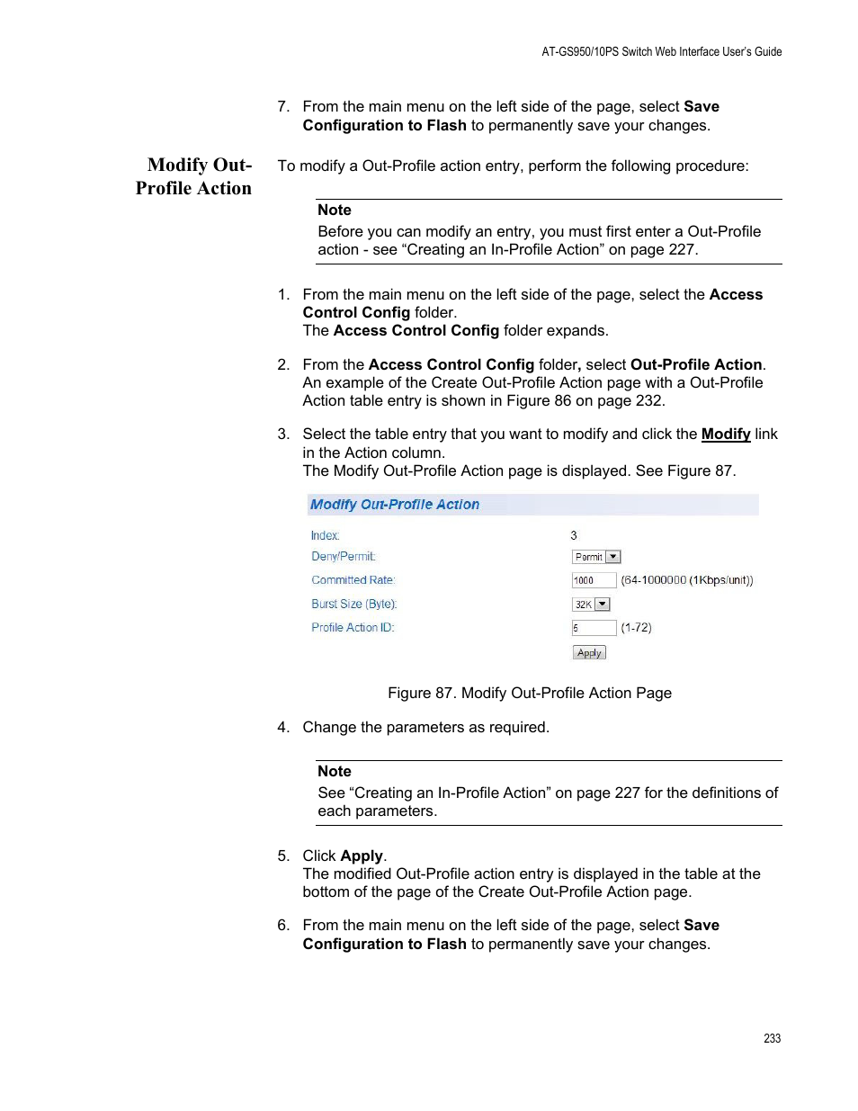 Modify out- profile action, Modify out-profile action | Allied Telesis AT-GS950/10PS User Manual | Page 233 / 386