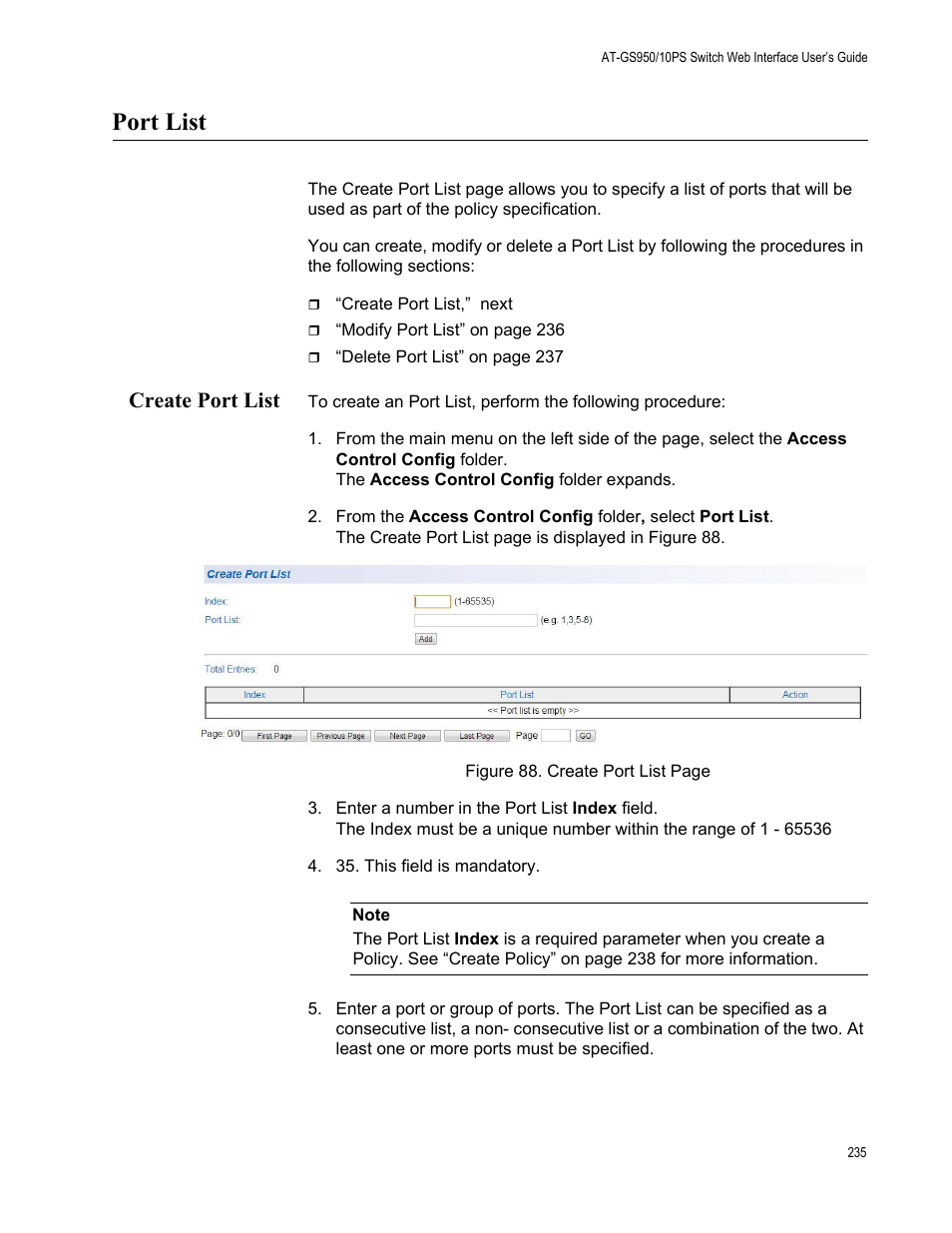 Port list, Create port list | Allied Telesis AT-GS950/10PS User Manual | Page 235 / 386
