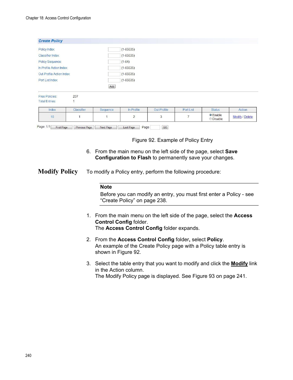 Modify policy, Figure 92. example of policy entry | Allied Telesis AT-GS950/10PS User Manual | Page 240 / 386