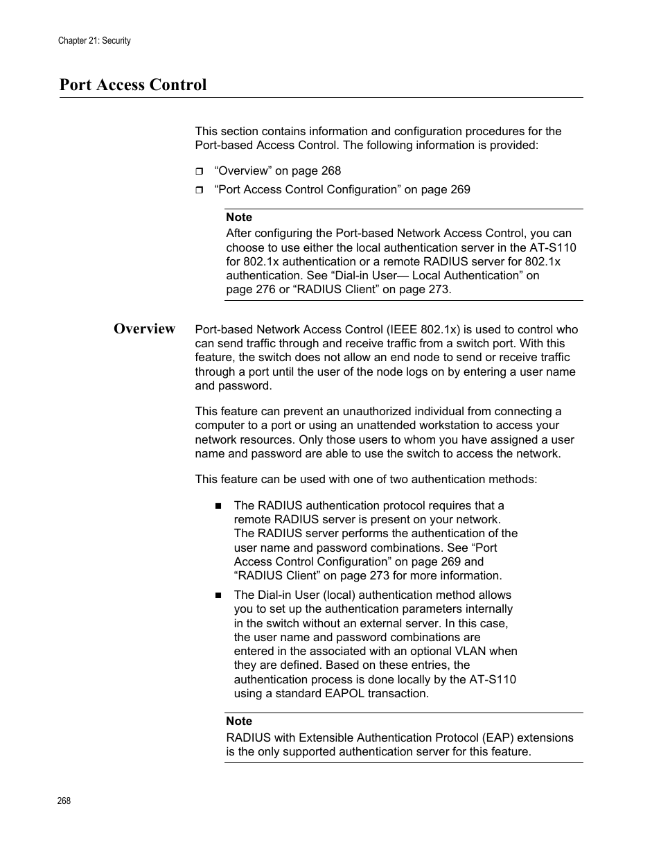 Port access control, Overview | Allied Telesis AT-GS950/10PS User Manual | Page 268 / 386