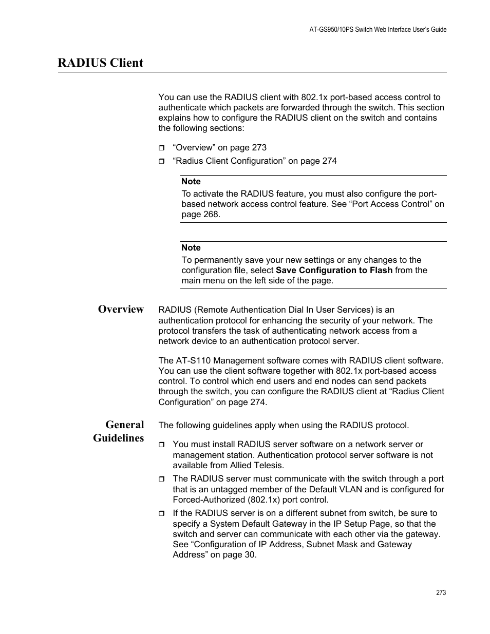 Radius client, Overview, General guidelines | Overview general guidelines | Allied Telesis AT-GS950/10PS User Manual | Page 273 / 386