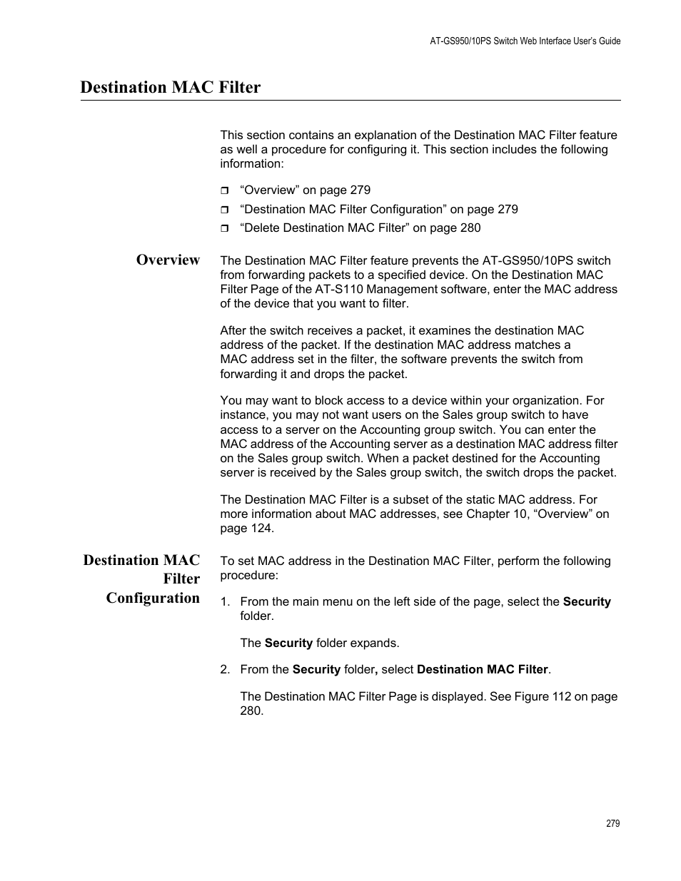 Destination mac filter, Overview, Destination mac filter configuration | Overview destination mac filter configuration | Allied Telesis AT-GS950/10PS User Manual | Page 279 / 386