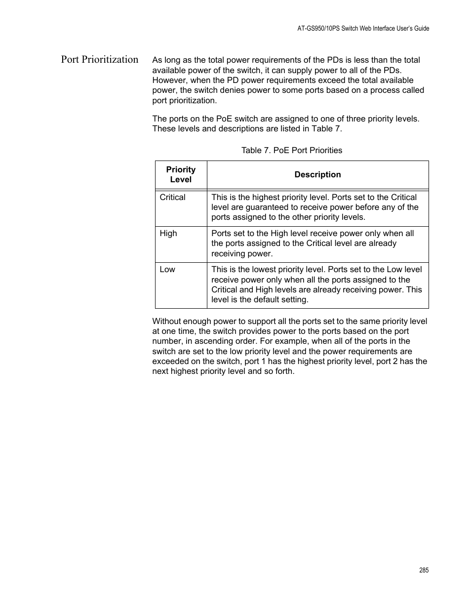 Port prioritization, Table 7. poe port priorities | Allied Telesis AT-GS950/10PS User Manual | Page 285 / 386
