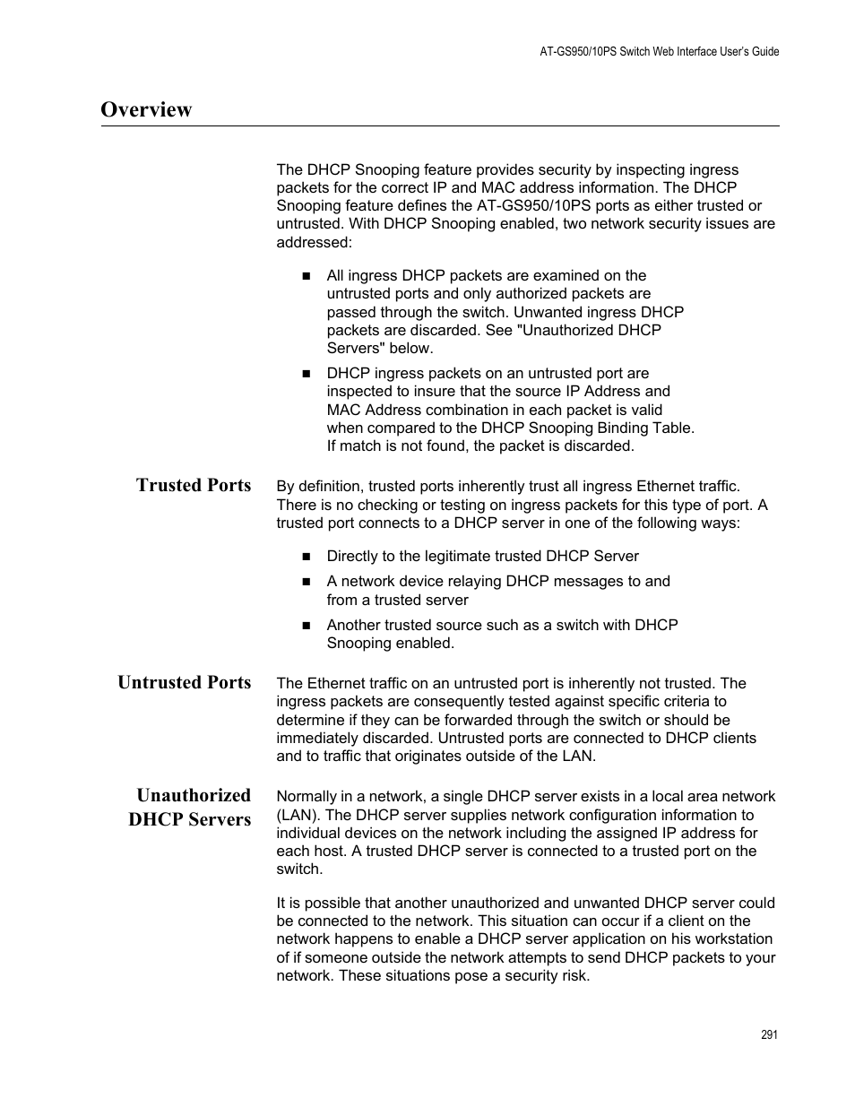 Overview, Trusted ports, Untrusted ports | Unauthorized dhcp servers | Allied Telesis AT-GS950/10PS User Manual | Page 291 / 386