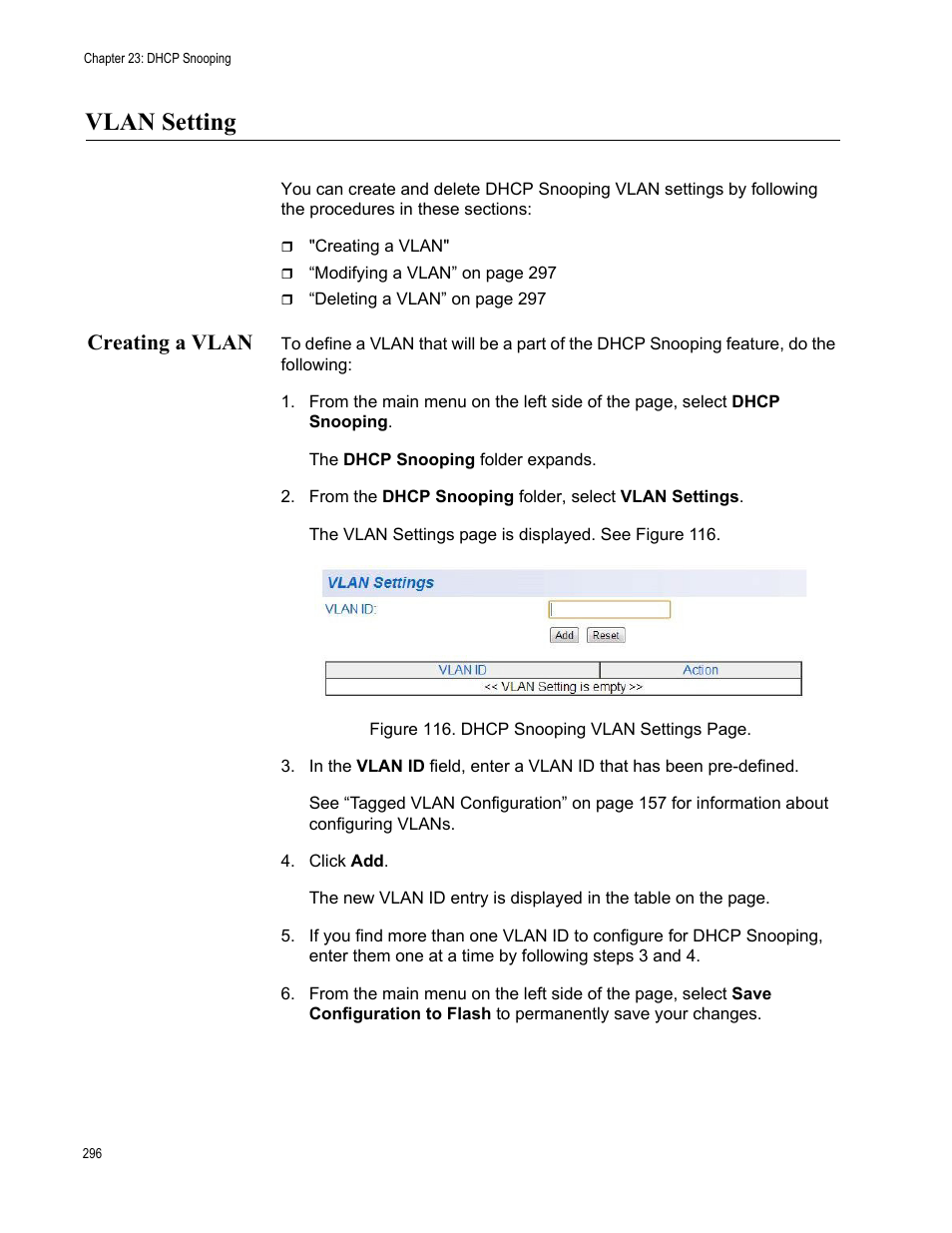 Vlan setting, Creating a vlan | Allied Telesis AT-GS950/10PS User Manual | Page 296 / 386