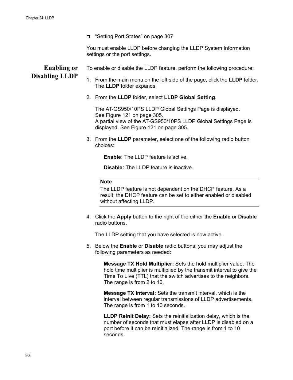 Enabling or disabling lldp | Allied Telesis AT-GS950/10PS User Manual | Page 306 / 386