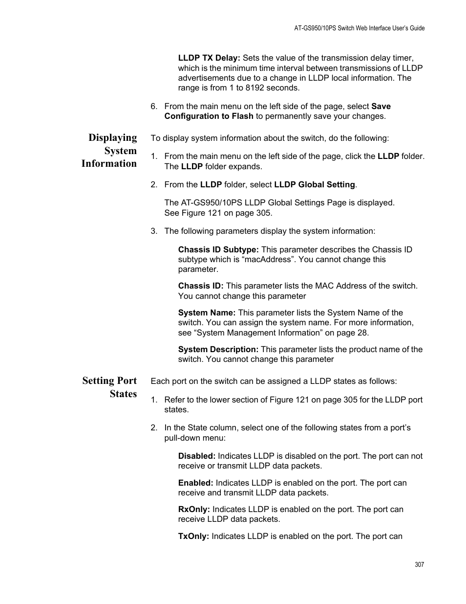 Displaying system information, Setting port states, Displaying system information setting port states | Allied Telesis AT-GS950/10PS User Manual | Page 307 / 386