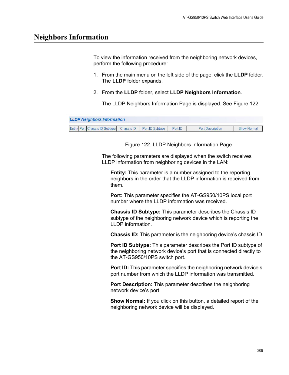 Neighbors information | Allied Telesis AT-GS950/10PS User Manual | Page 309 / 386