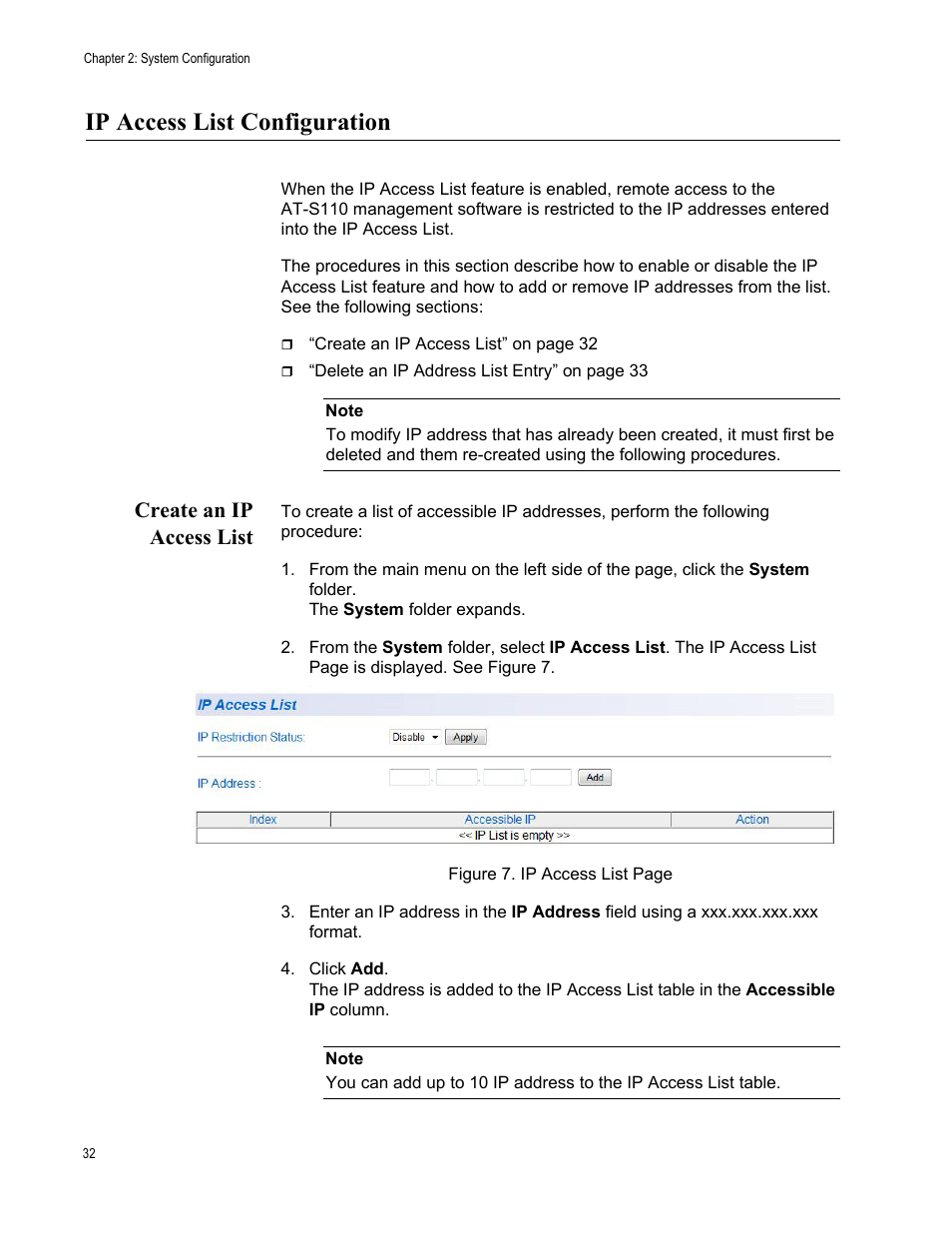 Ip access list configuration, Create an ip access list | Allied Telesis AT-GS950/10PS User Manual | Page 32 / 386
