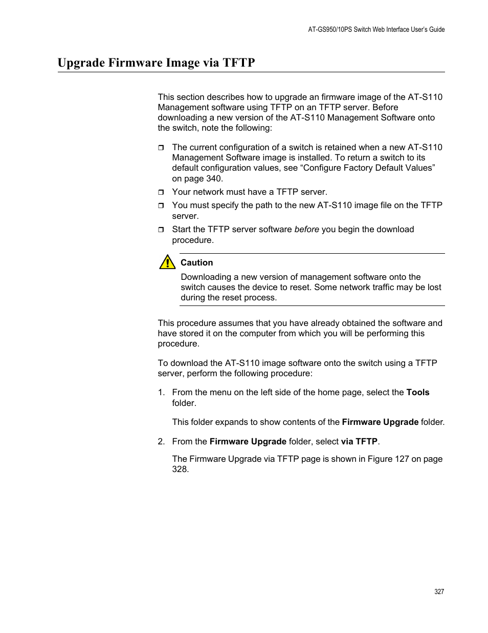 Upgrade firmware image via tftp | Allied Telesis AT-GS950/10PS User Manual | Page 327 / 386