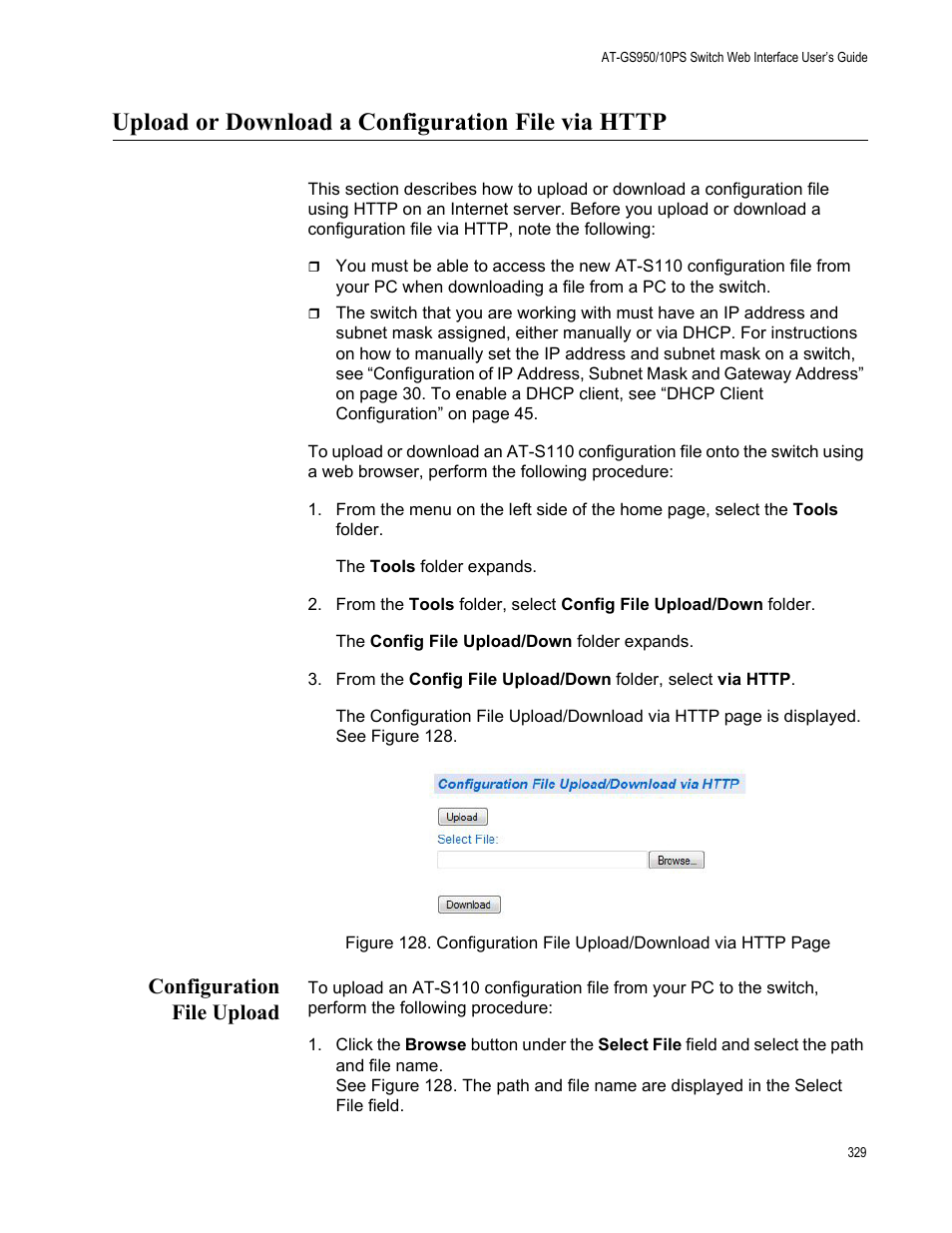 Upload or download a configuration file via http, Configuration file upload | Allied Telesis AT-GS950/10PS User Manual | Page 329 / 386